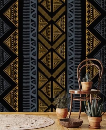 donkerblauw en oker tribal patroon behang