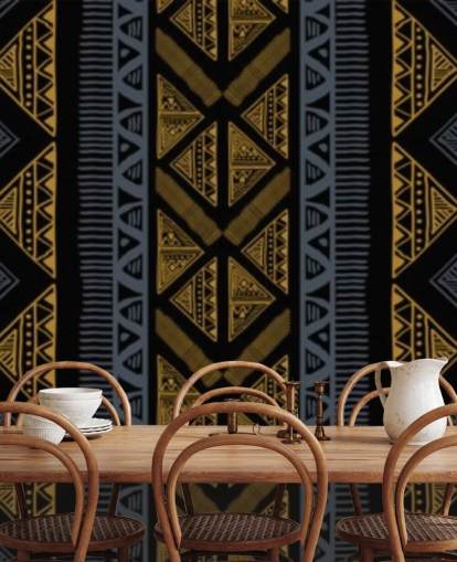 carta da parati con motivo tribale blu scuro e ocra