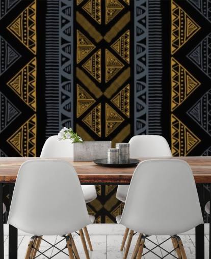 donkerblauw en oker tribal patroon behang