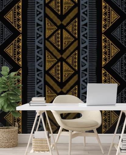 dark blue and ochre tribal pattern wallpaper