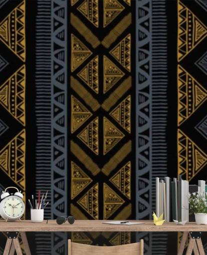 dark blue and ochre tribal pattern wallpaper