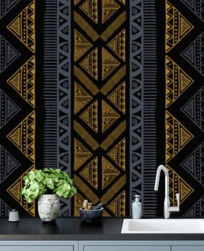 dark blue and ochre tribal pattern wallpaper