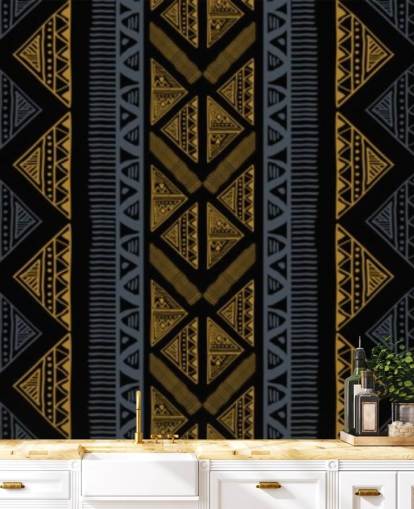 dark blue and ochre tribal pattern wallpaper