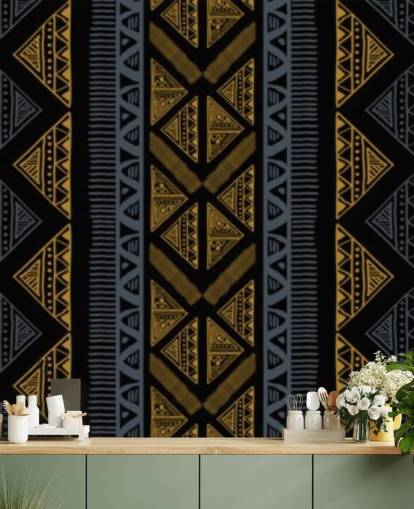 dark blue and ochre tribal pattern wallpaper