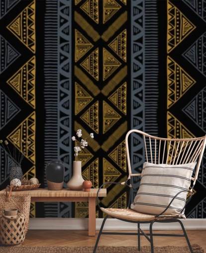 donkerblauw en oker tribal patroon behang