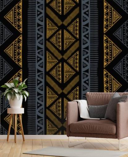 donkerblauw en oker tribal patroon behang