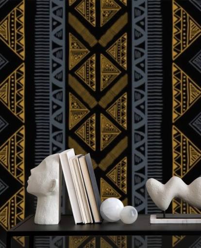 dark blue and ochre tribal pattern wallpaper