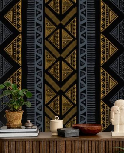 papel pintado estampado tribal azul oscuro y ocre