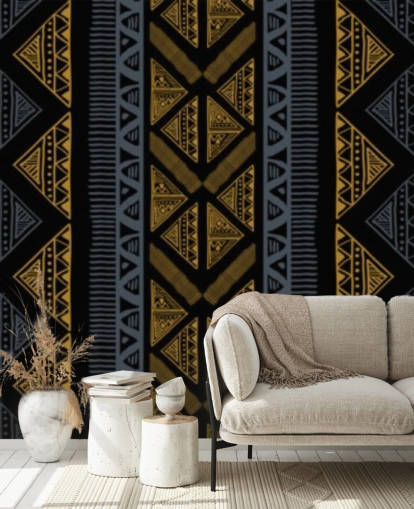papier peint à motifs tribaux bleu foncé et ocre