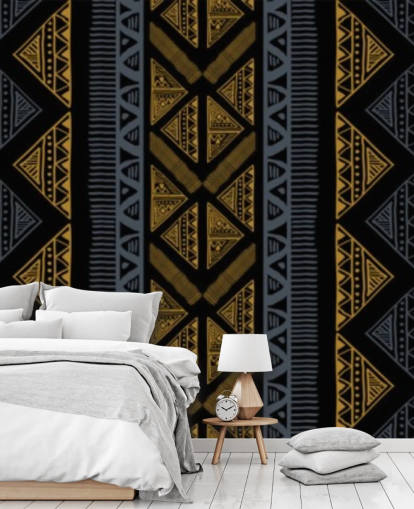dark blue and ochre tribal pattern wallpaper