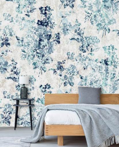 Blue Printed Floral Wallpaper
