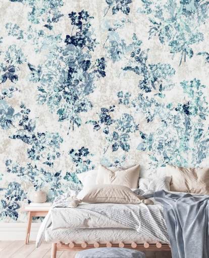 Blauw bedrukt bloemenbehang