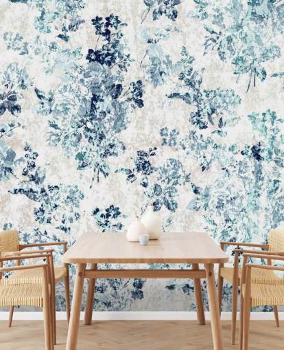 Blauw bedrukt bloemenbehang