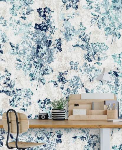 Blauw bedrukt bloemenbehang Blauw bedrukt bloemenbehang