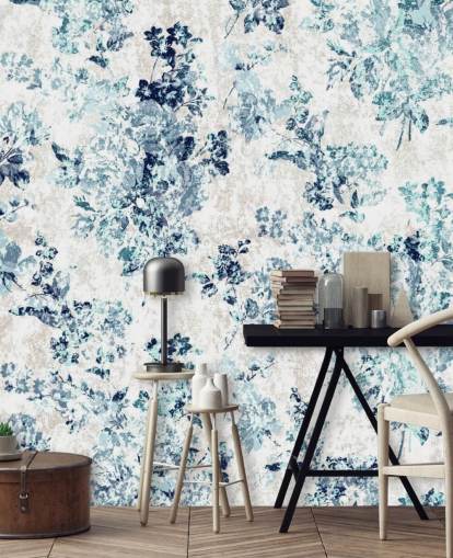 Blue Printed Floral Wallpaper
