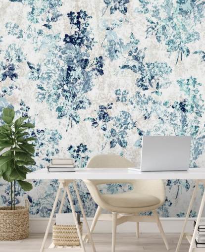 Papel de parede floral impresso azul