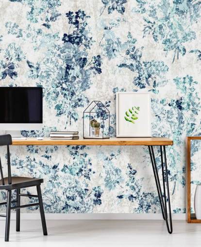 Blue Printed Floral Wallpaper