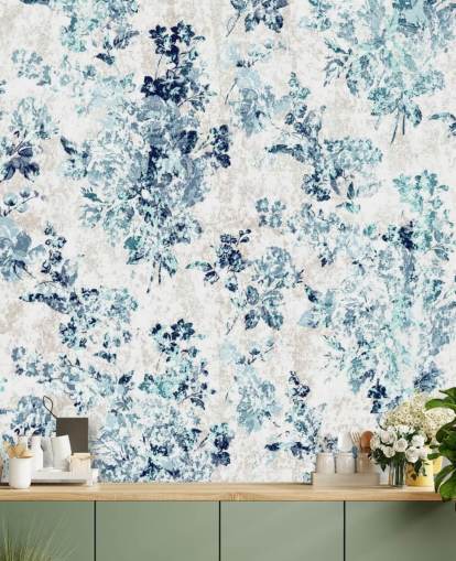 Papel pintado floral estampado azul Papel pintado floral estampado azul