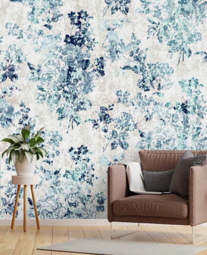 Blue Printed Floral Wallpaper
