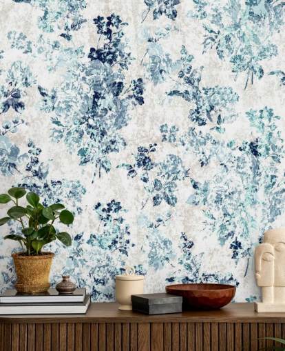 Papel de parede floral impresso azul