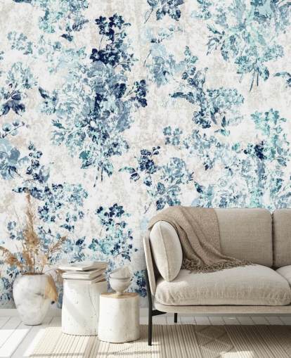 Blue Printed Floral Wallpaper
