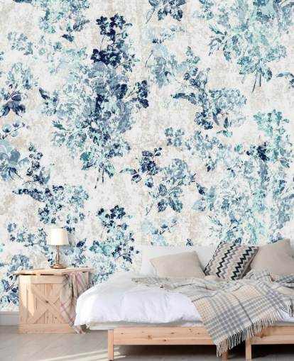 Blauw bedrukt bloemenbehang Blauw bedrukt bloemenbehang