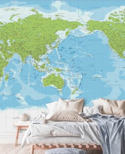 Mural de parede clássico do mapa do mundo azul e verde Mural de parede clássico do mapa do mundo azul e verde