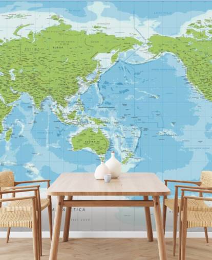 Mural de pared clásico con mapa del mundo azul y verde