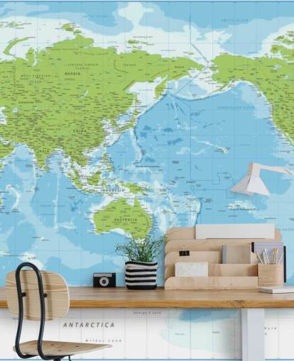 Mural de pared clásico con mapa del mundo azul y verde Mural de pared clásico con mapa del mundo azul y verde