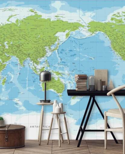 Mural de pared clásico con mapa del mundo azul y verde