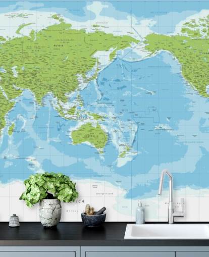 Mural de parede clássico do mapa do mundo azul e verde