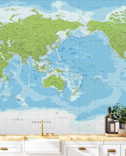 Classic Blue and Green World Map Wall Mural