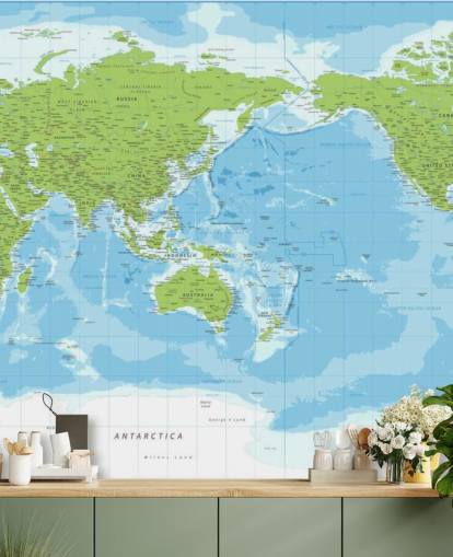 Mural de parede clássico do mapa do mundo azul e verde