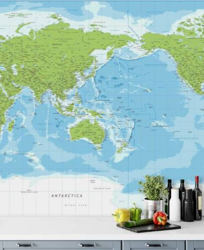 Mural de pared clásico con mapa del mundo azul y verde