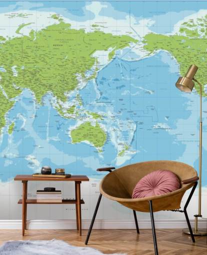 Classic Blue and Green World Map Wall Mural