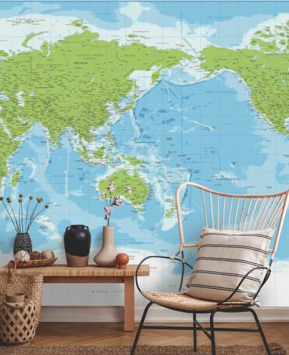 Mural de pared clásico con mapa del mundo azul y verde Mural de pared clásico con mapa del mundo azul y verde