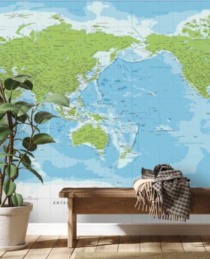 Mural de pared clásico con mapa del mundo azul y verde