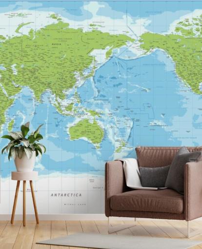 Classic Blue and Green World Map Wall Mural