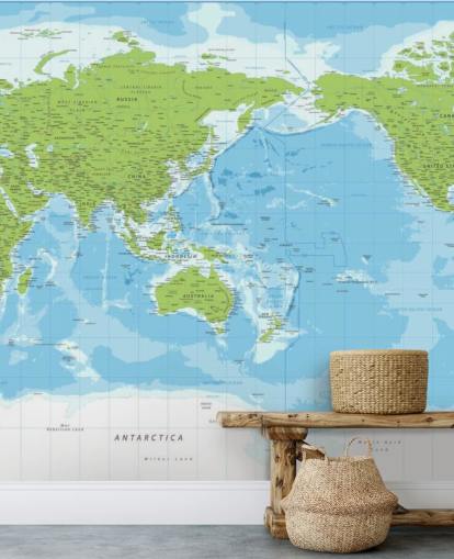 Mural de parede clássico do mapa do mundo azul e verde