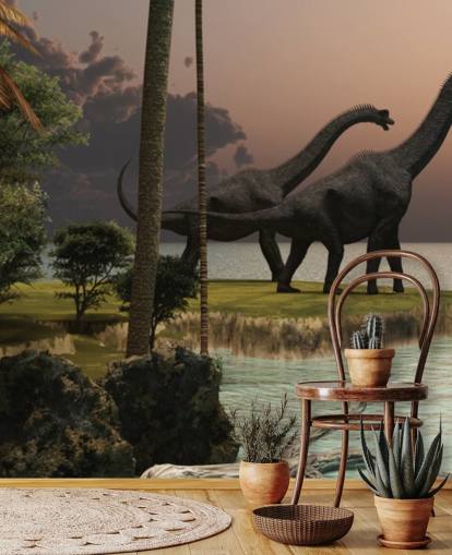 Brachiosaurus Solnedgång Dinosaurie Väggmålning Brachiosaurus Solnedgång Dinosaurie Väggmålning