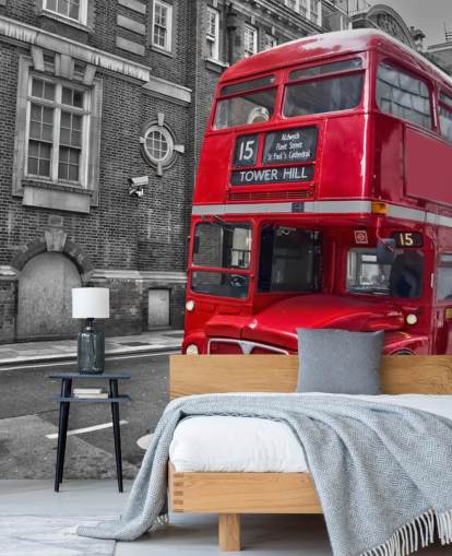sort, hvid og rød london bus tapet vægmaleri kaldet Red London Bus til hjemmekontorer og stuer