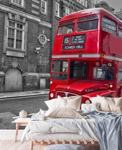 sort, hvid og rød london bus tapet vægmaleri kaldet Red London Bus til hjemmekontorer og stuer