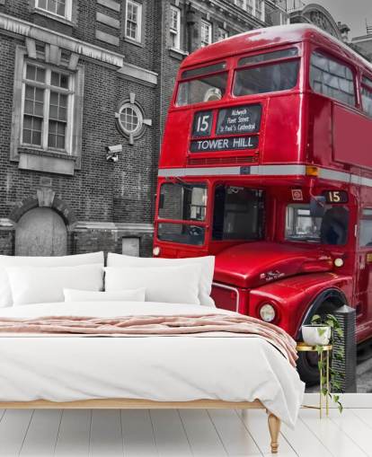 sort, hvid og rød london bus tapet vægmaleri kaldet Red London Bus til hjemmekontorer og stuer