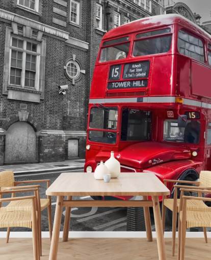 svart, vit och röd london buss tapetväggmålning kallad Red London Bus för hemmakontor och vardagsrum