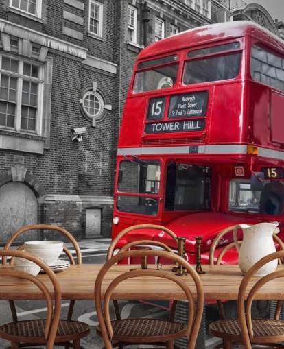 mural de papel de parede de ônibus de Londres preto, branco e vermelho chamado Red London Bus para escritórios domésticos e salas de estar
