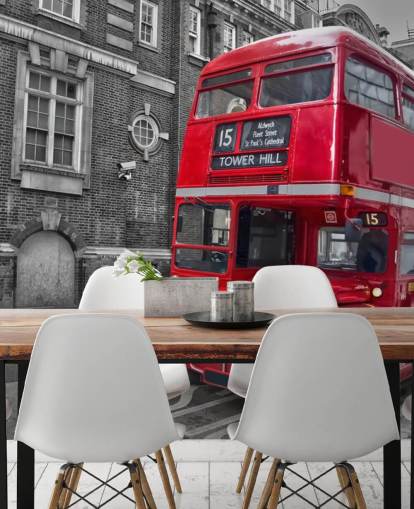 black, white and red london bus wallpaper mural called Red London Bus for home offices and living rooms