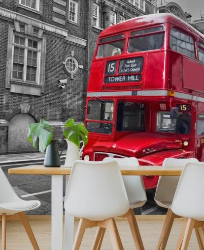 sort, hvid og rød london bus tapet vægmaleri kaldet Red London Bus til hjemmekontorer og stuer sort, hvid og rød london bus tapet vægmaleri kaldet Red London Bus til hjemmekontorer og stuer