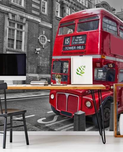 zwart-witte en rode Londense bus behangmuurschildering genaamd Red London Bus voor thuiskantoren en woonkamers