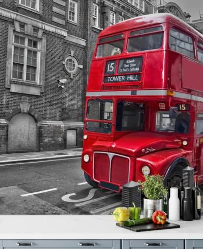 carta da parati murale con autobus londinese nero, bianco e rosso chiamato Red London Bus per casa, uffici e salotti
