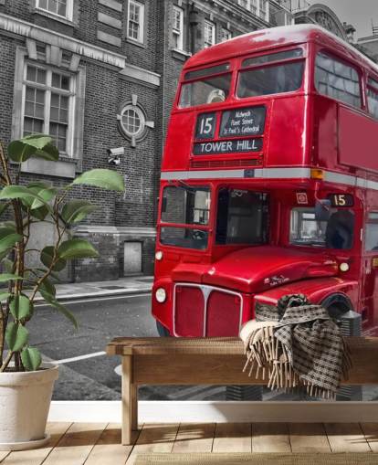 svart, hvitt og rødt london buss tapet veggmaleri kalt Red London Bus for hjemmekontorer og stuer svart, hvitt og rødt london buss tapet veggmaleri kalt Red London Bus for hjemmekontorer og stuer